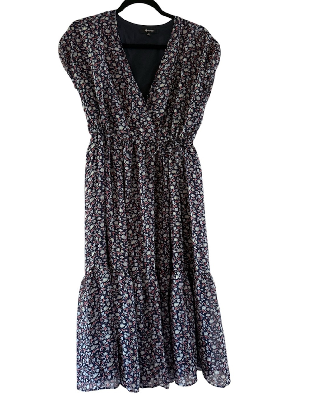 Madewell Navy Floral Wrap Midi Dress with Pink & Cream Blossoms - fits XS, S, M